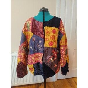 VTG Rare Sandy Starkman Cotton Art Jacket Embroidery Floral Alien Patchwork XXL